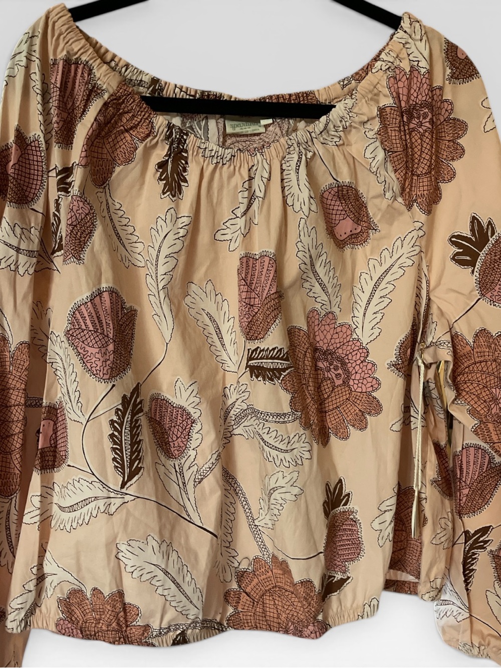 Spartina 449 Beige Peasant Blouse with Pink and Brown Floral Print